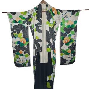 Vintage Silk Furisode (long sleeve) Kimono Robe Black Green White Orange Floral
